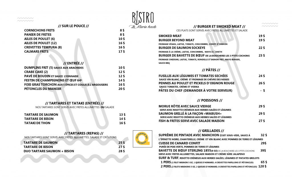 Menu - Bistro la Marée haute